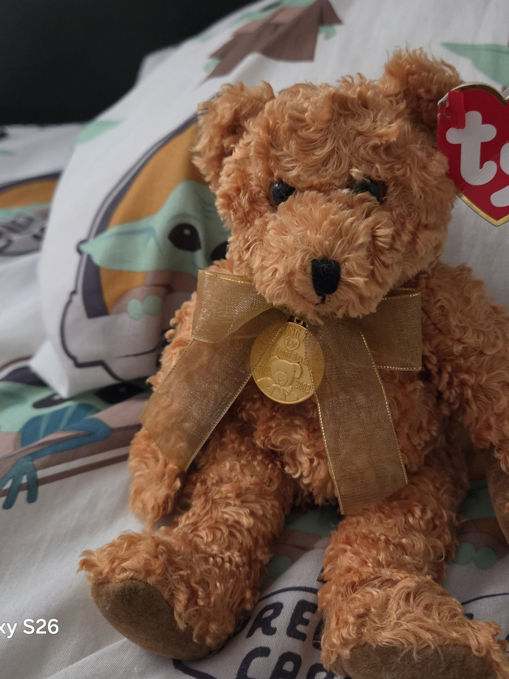 Ty Orange Curly Plush Teddy Bear with Gold Ribbon